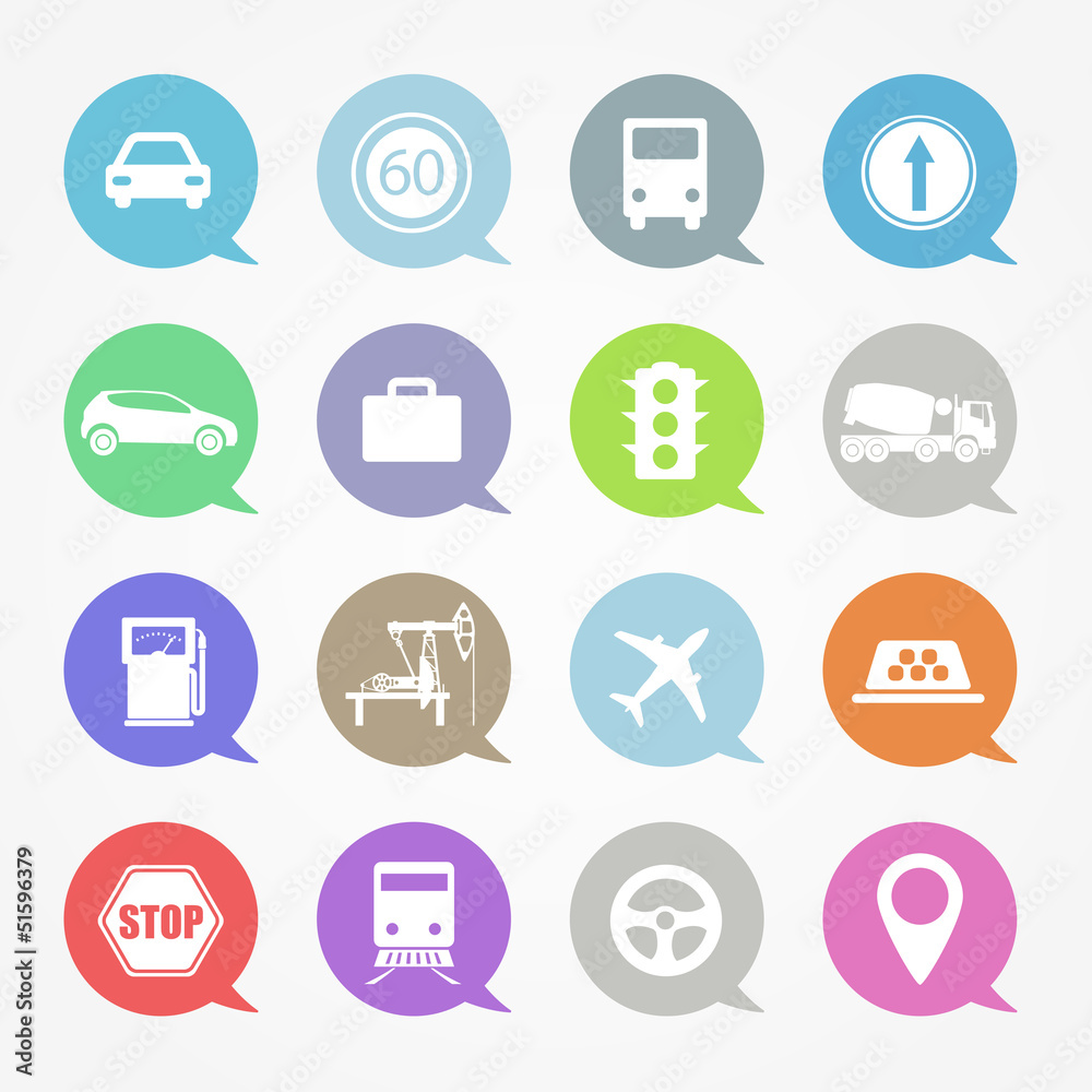 Aufkleber transportation, web icons set in color speech clouds