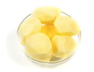 Peeled potatoes in a glass bowl
