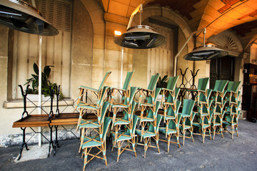 Wicker chairs arranged in stacks, Paris