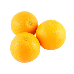 Three whole navel orange on white background.