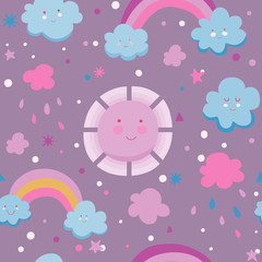 Cute seamless pattern with cloud, sun and rainbow