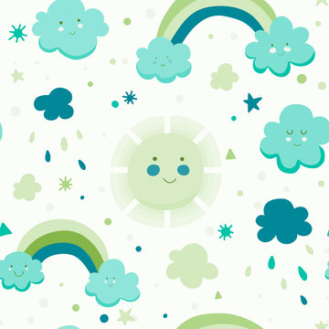 Cute seamless pattern with cloud, sun and rainbow