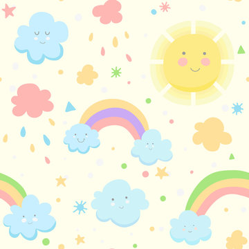 Cute seamless pattern with cloud, sun and rainbow