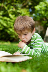 junge liest ein buch im gr&uuml;nen