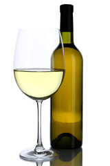 White wine glass and bottle of wine isolated on white