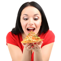 Beautiful girl wants to eat pizza isolated on white