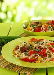 Noodles with vegetables on plates on nature  background