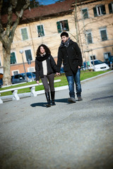 Romatic Young Couple Walking in the City