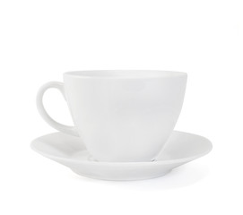 Empty ceramic tea cup over white plate