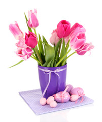 Easter composition with fresh tulips and easter eggs isolated