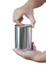 hand opening a can isolated on white