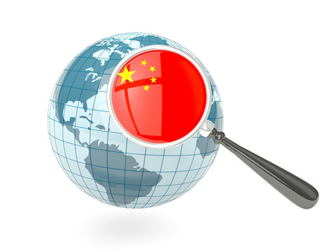 Magnified Flag Of China With Blue Globe