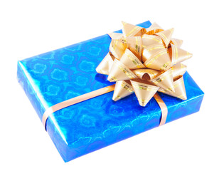 blue gift box with golden bow isolated on white