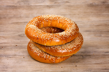 Baked bagels sprinkled with sesame seeds