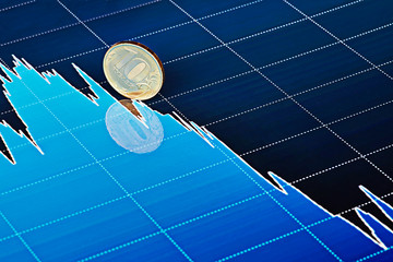 Ten-ruble coin slides down on downtrend chart. Selective focus