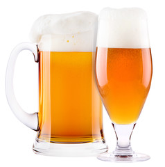 Frosty fresh beer collection with foam isolated