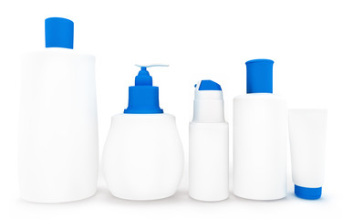 Set of cosmetic products in bottles. Isolated on white