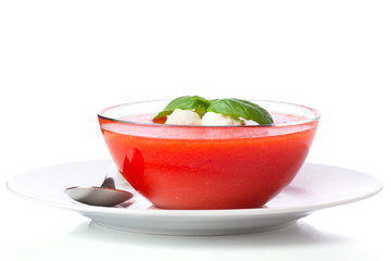 Delicious cold gazpacho soup with mozzarella and garlic croutons