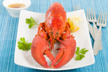 Lobster, browned butter and lemon wedges on a blue background