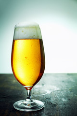 A glass of fresh foamy beer, close-up