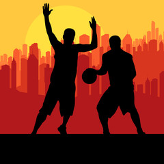 Basketball players in front of city sunset vector background