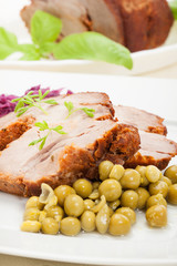 Roast pork with sauce. Selective focus.