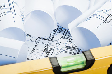 Spirit level and architecture blueprints, Blue tone