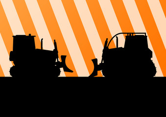 Excavator and bulldozer detailed tractor silhouettes in construc