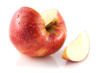 Isolated sliced red apple with one slice (wet)