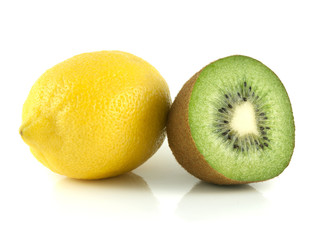 Fototapeta premium Isolated yellow lemon with half of kiwi.