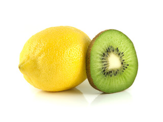 Isolated yellow lemon with slice of kiwi.