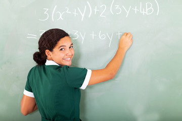 smiling student writing mathematics on the blackboard