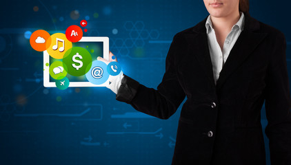 Lady presenting colorful modern signs