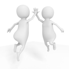 two happy successful white 3d men jumping