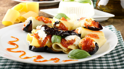 Paccheri pasta with eggplant, ricotta cheese and tomato