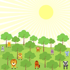 vector illustration of animals in jungle with tree