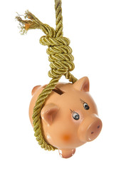 Piggy bank hanging on hangmans noose