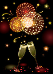 holiday background with wo Champagne Flutes and  fireworks.