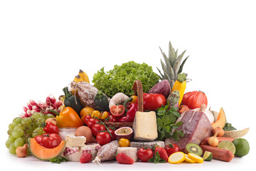 composition with fruits,vegetables,cheese and sausages