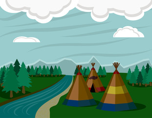 Native American Tipi in a Mountainous Landscape near a river