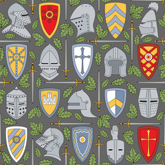 seamless pattern with knightly helmets and shields