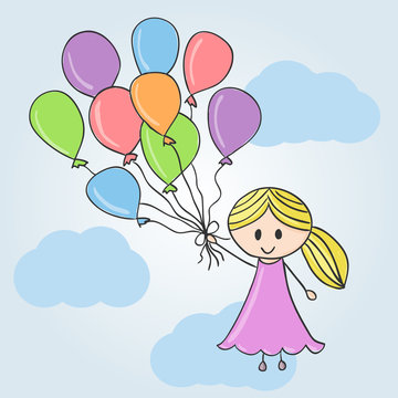 Girl with balloons and clouds