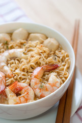 Instant noodle with shrimps and pork ball.
