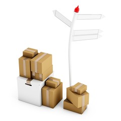 3d pile of new cardboard boxes with road sign