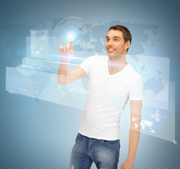 man touching virtual screen