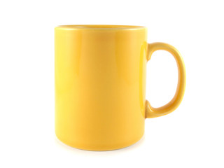 Yellow cup on white background. Isolated object.