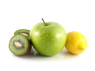 Isolated green apple, kiwi and yellow lemon