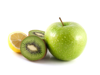 Isolated green apple, kiwi and yellow lemon