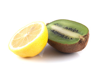 Fototapeta na wymiar Isolated sliced half of kiwi and half of lemon.