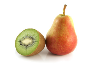 Red pear with half of kiwi on white background